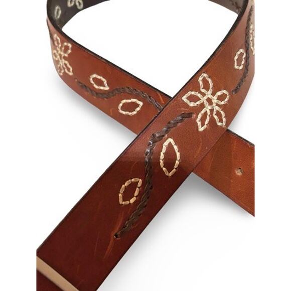 VTG 90s Nordstrom Handmade Leather Floral Stitched Belt Brown Sz M main image 9